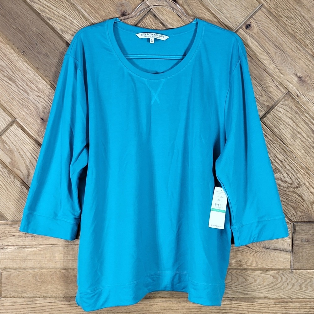 Live Love Lounge Karen Neuburger Top Womens Large 3/4 Sleeve Blue Teal